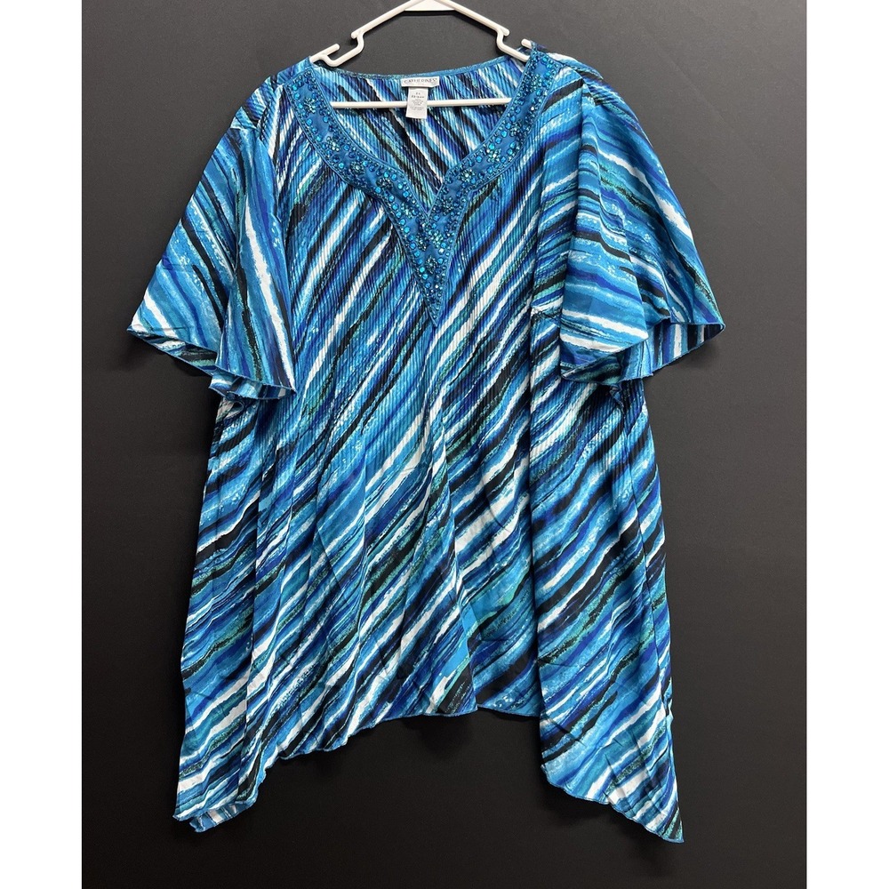 Catherines womens plus 2X  Shirt Top Blue‎ Crinkle Embellished Sheer